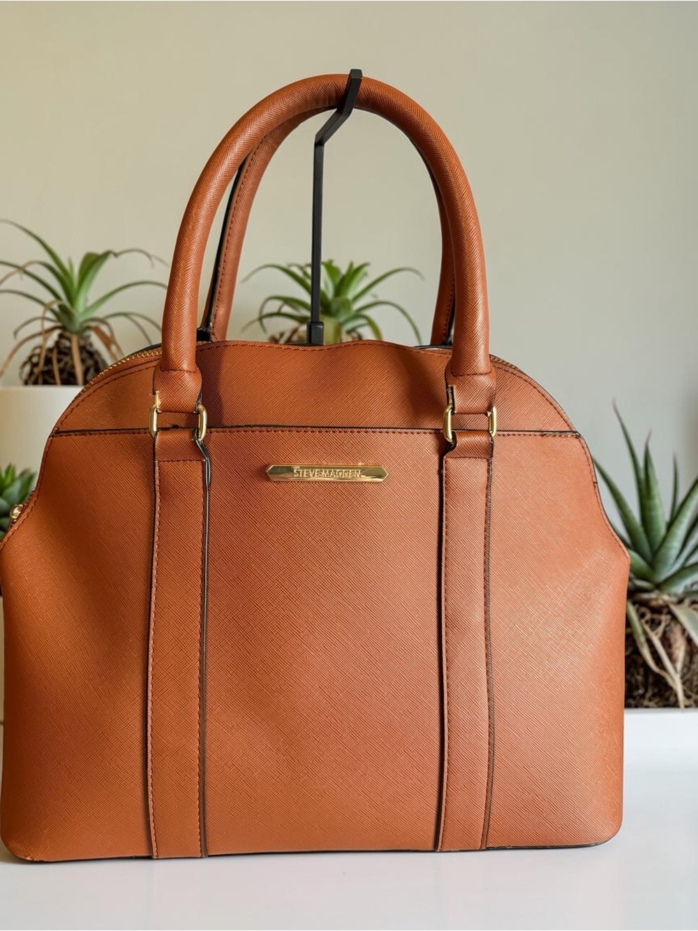 Steve Madden Cognac Dome Satchel with Gold Hardware